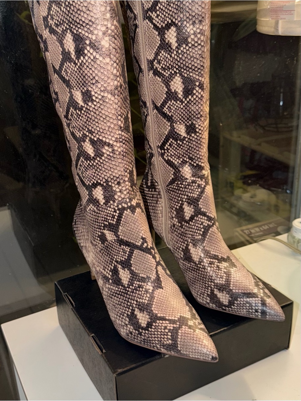 ALDO Snake-Print -Knee high Pointed Boots in Taupe and dark brown